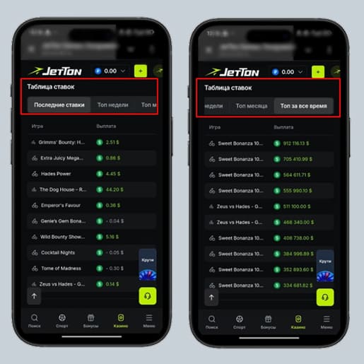 Таблица выплат в JetTon Games Casino